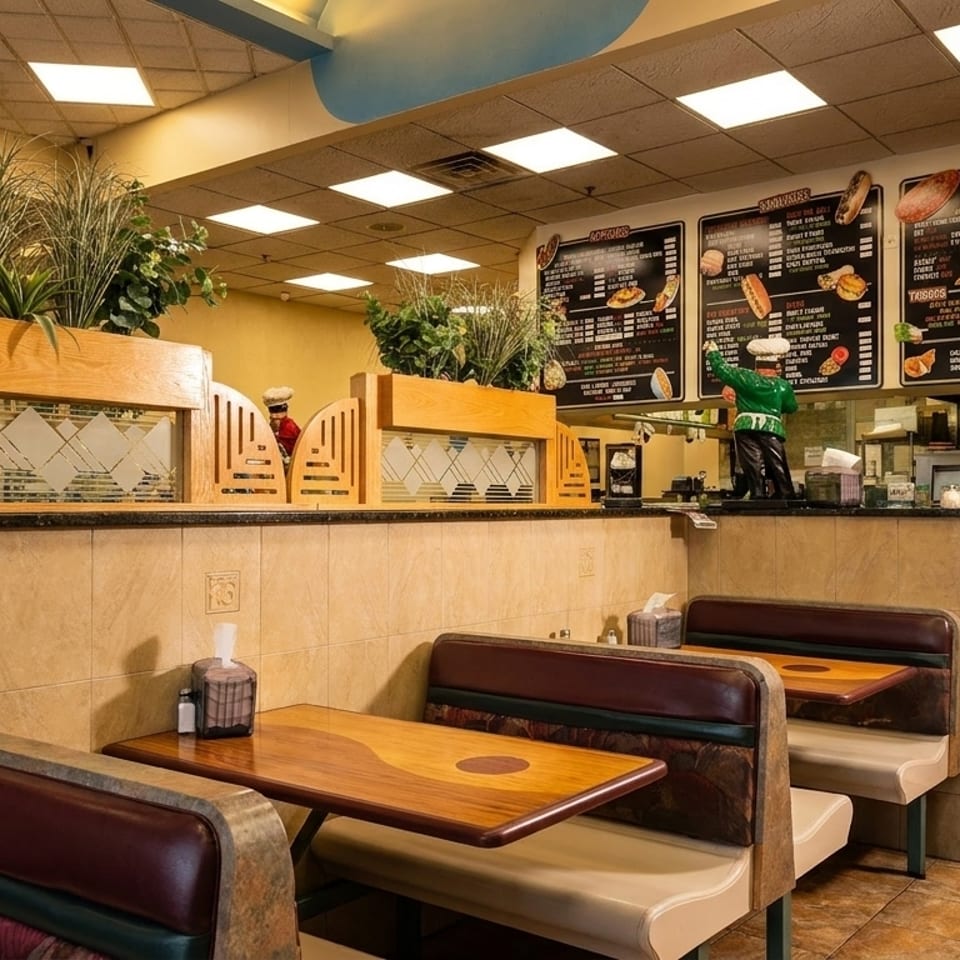 Interior of a diner with booths, a counter, and menu boards displaying food items.
