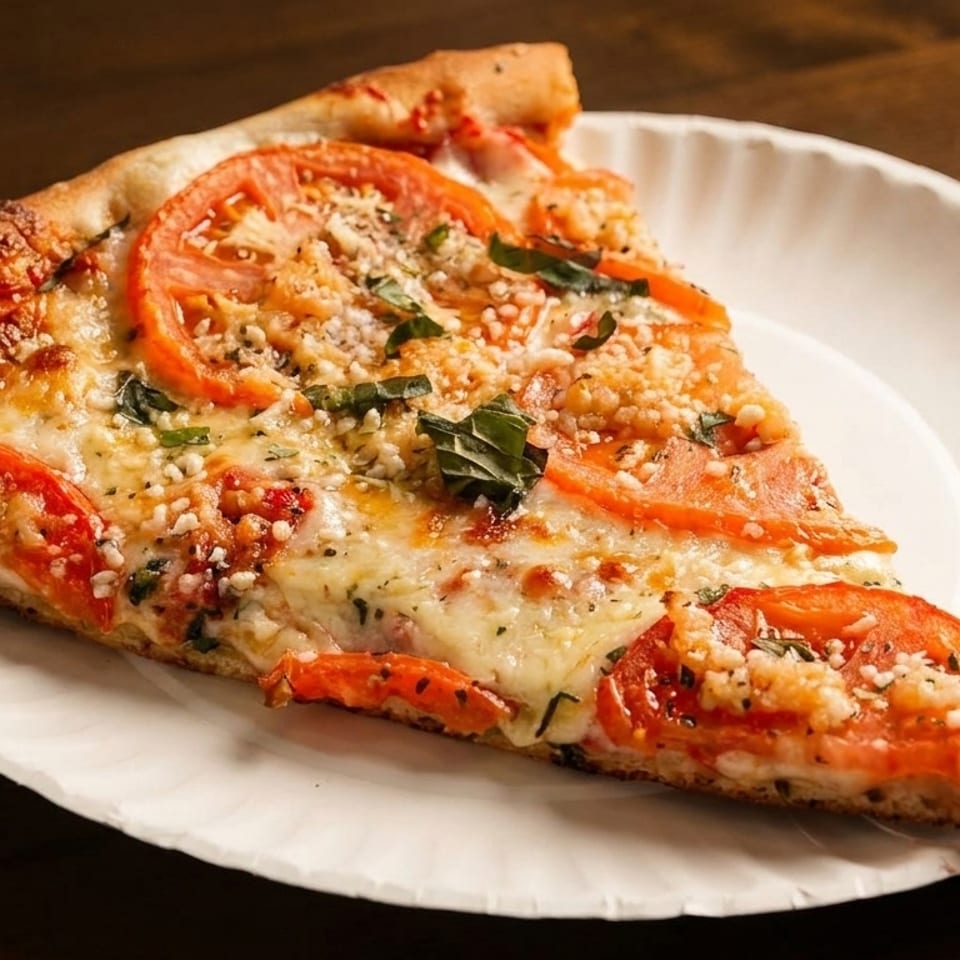 A slice of pizza with tomatoes, cheese, and basil on a white paper plate.