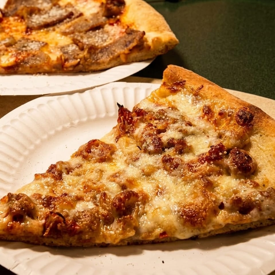Two slices of sausage pizza on white paper plates, with a dark green and tan background.