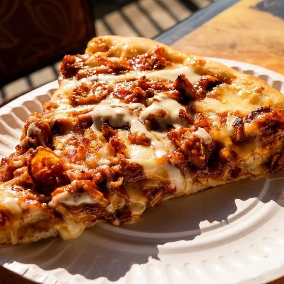 A slice of BBQ chicken pizza with melted cheese and white sauce on a paper plate.