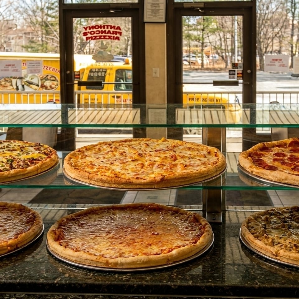 Six large pizzas with various toppings displayed in a glass case at Anthony Franco's Pizzeria.