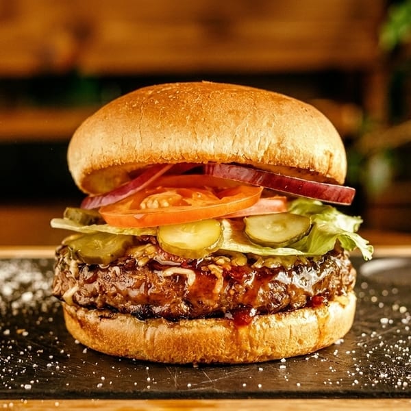 A juicy burger with lettuce, tomato, red onion, pickles, and sauce on a bun.