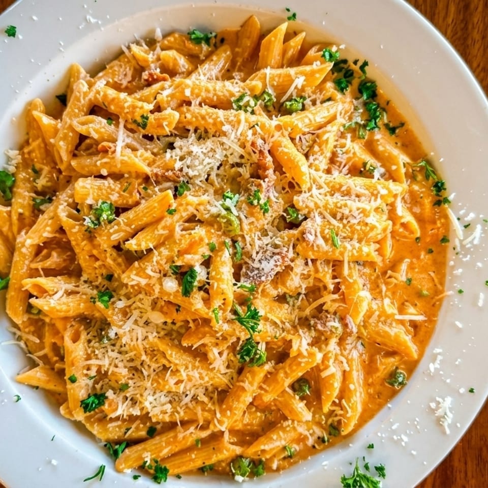 Penne pasta in a creamy orange sauce, topped with grated cheese and fresh parsley, on a white plate.