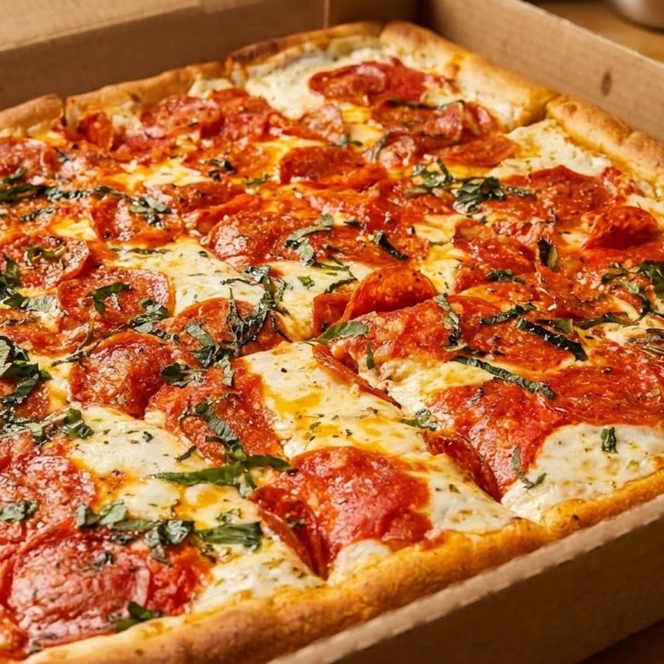 Square pepperoni pizza with basil and melted cheese in a cardboard delivery box.