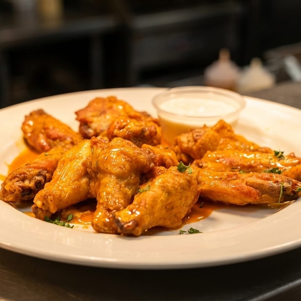 A plate of buffalo wings with sauce and a side of ranch dressing on a metal counter.