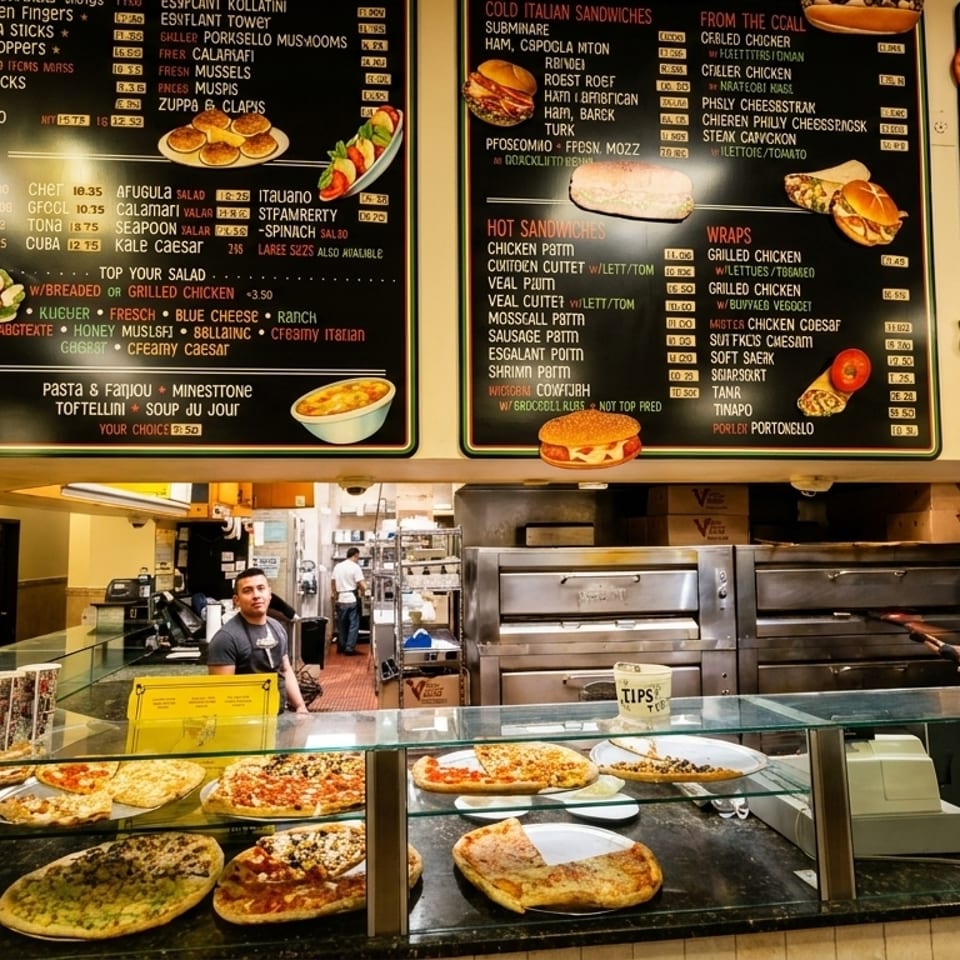 A pizza restaurant interior with large menu boards, a display case of pizzas, and staff working behind the counter.
