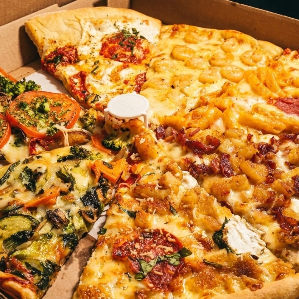 A whole pizza with eight different toppings, including vegetables, shrimp, and bacon, in a cardboard box.
