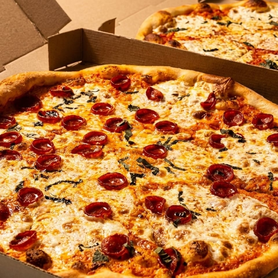 Two pizzas in cardboard boxes, one pepperoni and one cheese, ready for delivery.
