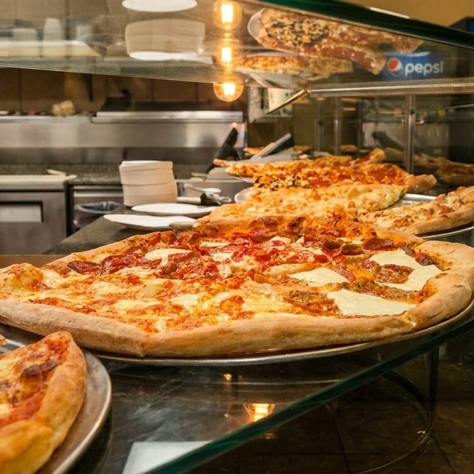 Freshly baked pizzas and slices displayed in a glass case at a pizzeria with a Pepsi cooler in the background.