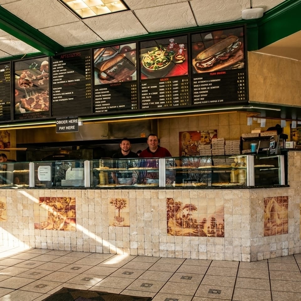Two men smiling behind a pizza counter with menu boards above them in a brightly lit restaurant.