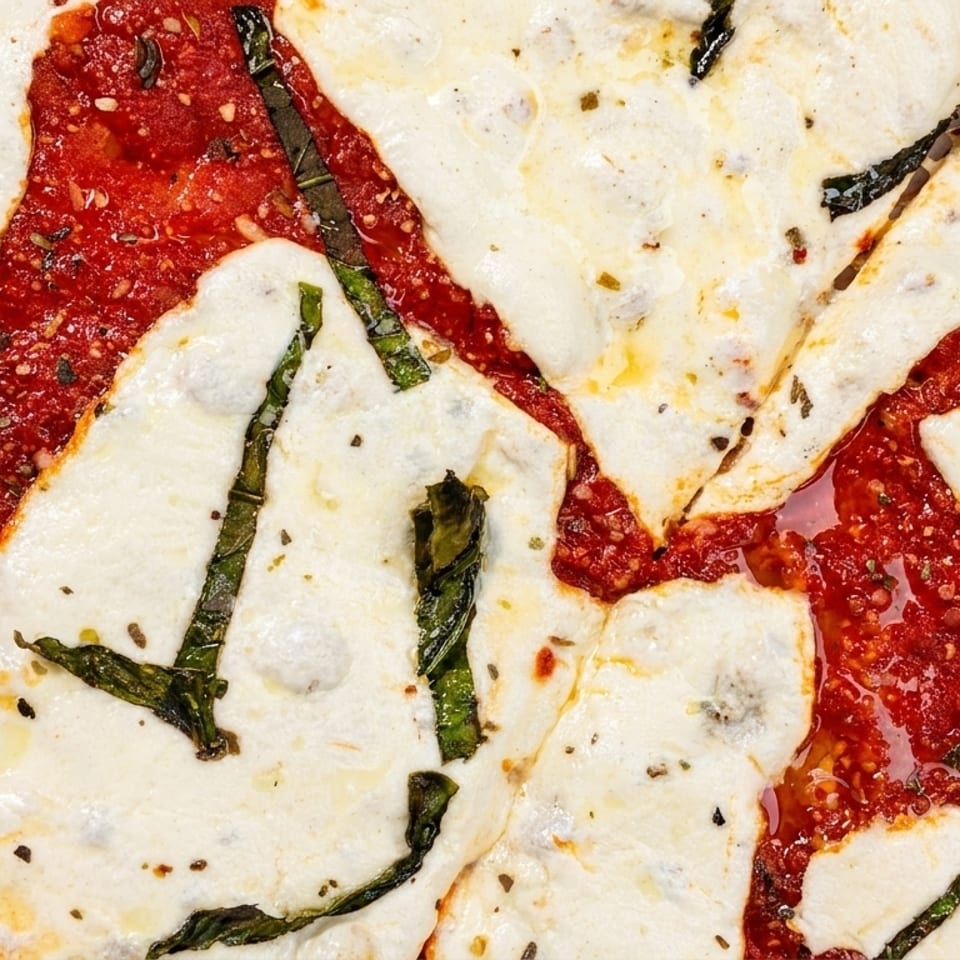 Close-up of a freshly baked Margherita pizza with melted mozzarella, bright red tomato sauce, and basil.