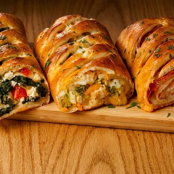Three savory strombolis with various fillings, including spinach, chicken, and pepperoni, on a wooden board.