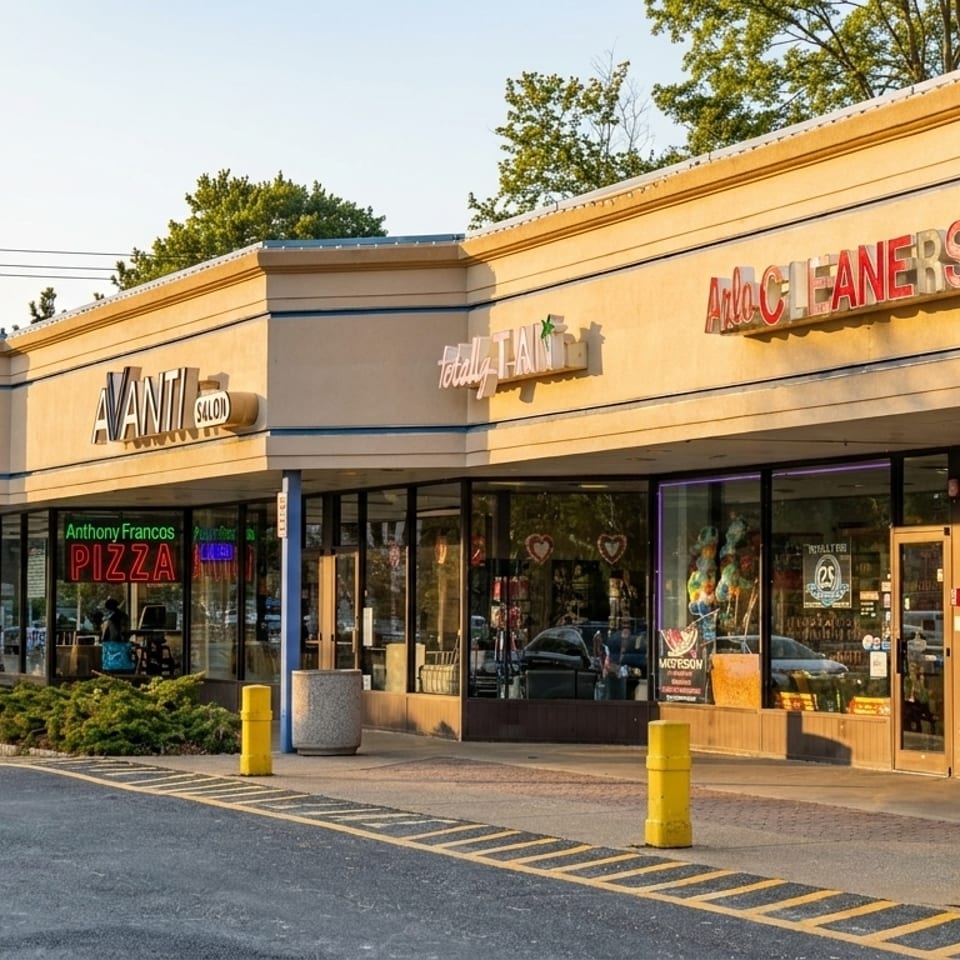 Exterior of a strip mall with "Anthony Franco's Pizza" and other businesses under a sunny sky.