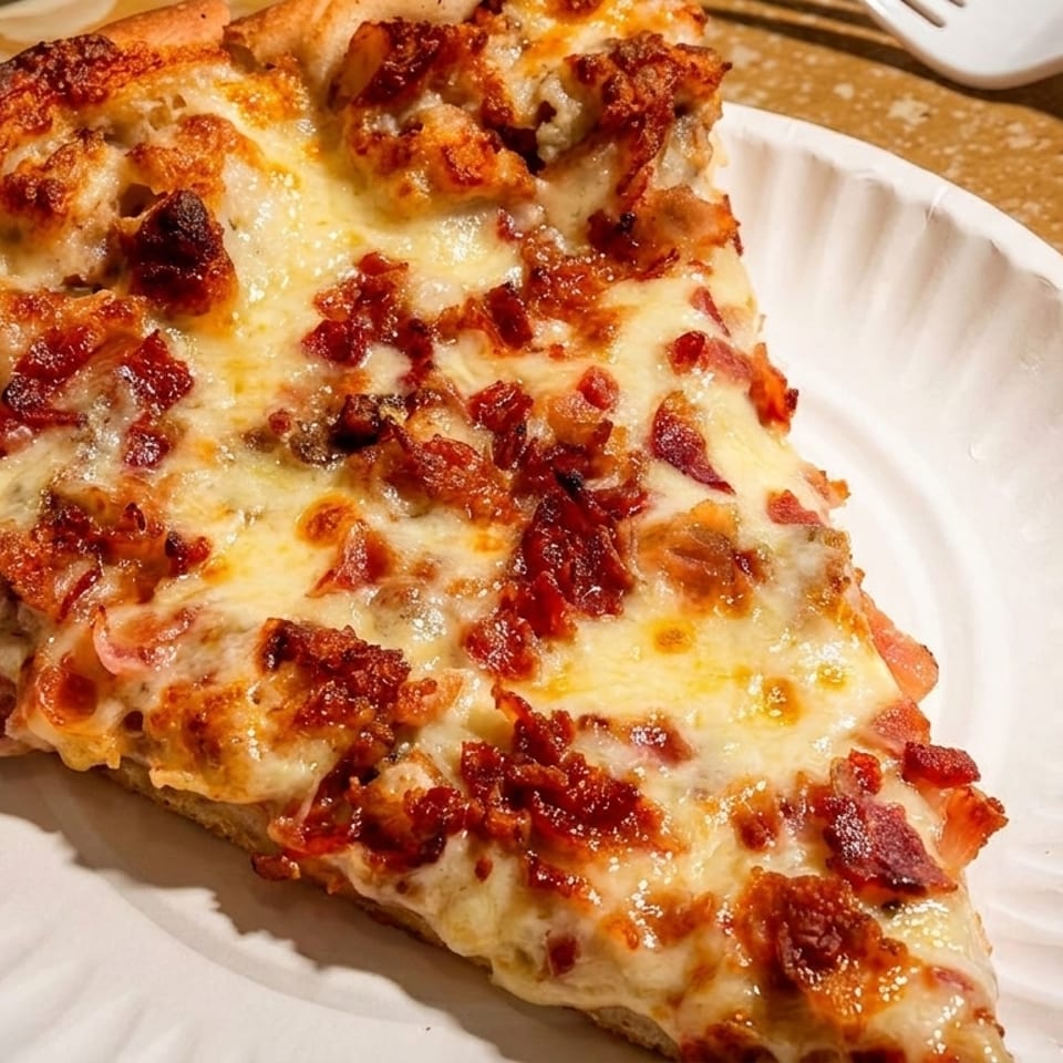 A slice of pizza with melted cheese and crispy bacon bits on a white paper plate.