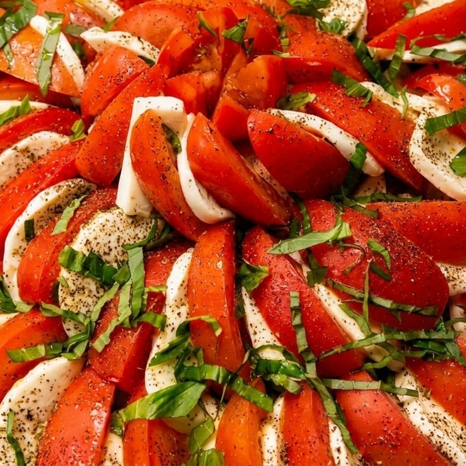 Close-up of a large platter of Caprese salad with sliced tomatoes, mozzarella, basil, and pepper.