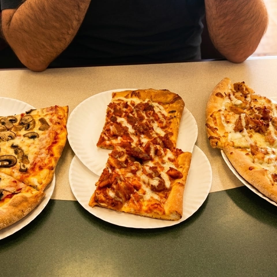 Three plates of pizza slices, including mushroom, buffalo chicken, and white pizza, on a table.