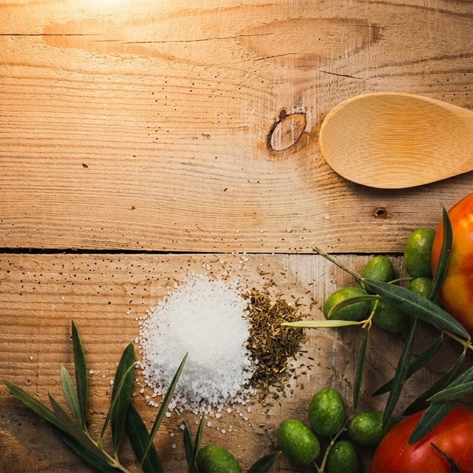 Wooden spoon, tomatoes, olives, garlic, salt, and herbs on a rustic wooden surface.