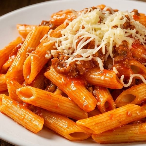 Penne pasta with meat sauce and shredded cheese on a white plate, on a rustic wooden table.