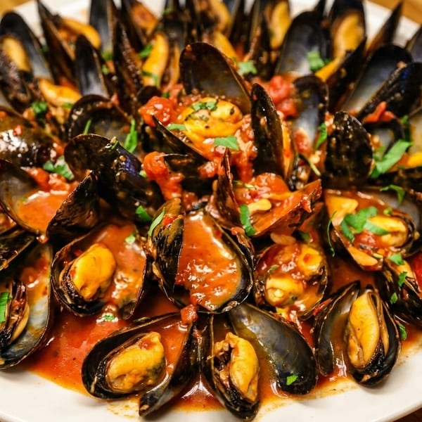 Steamed mussels in a rich red tomato sauce, garnished with fresh parsley on a white plate.